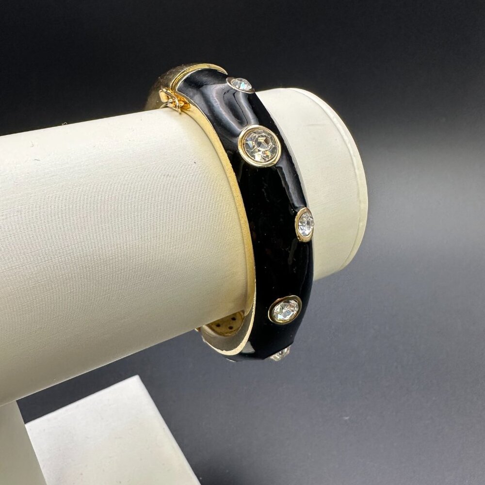 RARE VTG Christian Dior Black Enamel Rhinestone Hinged Bracelet - Picture 2 of 14